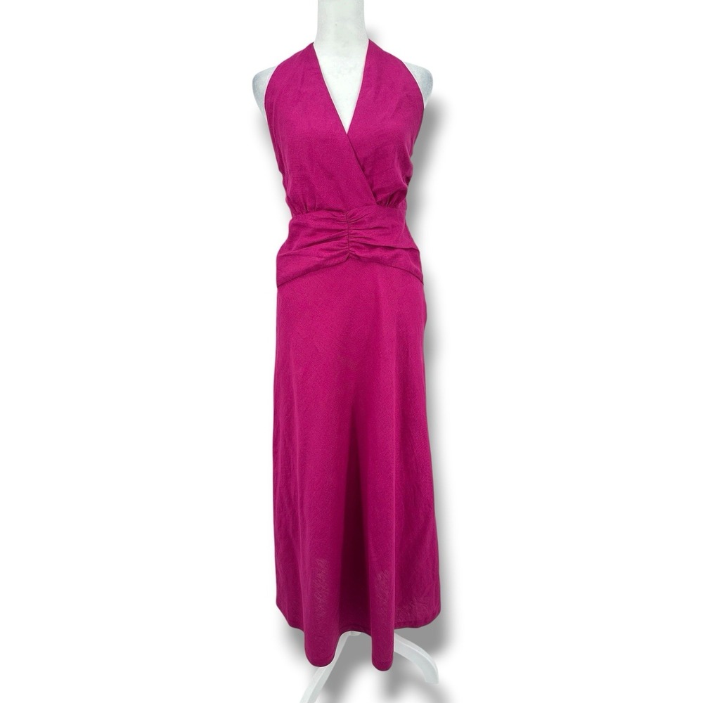 Zara Linen Blend Halter Midi Dress Pink XS Open Back Euro Summer Resort Romantic